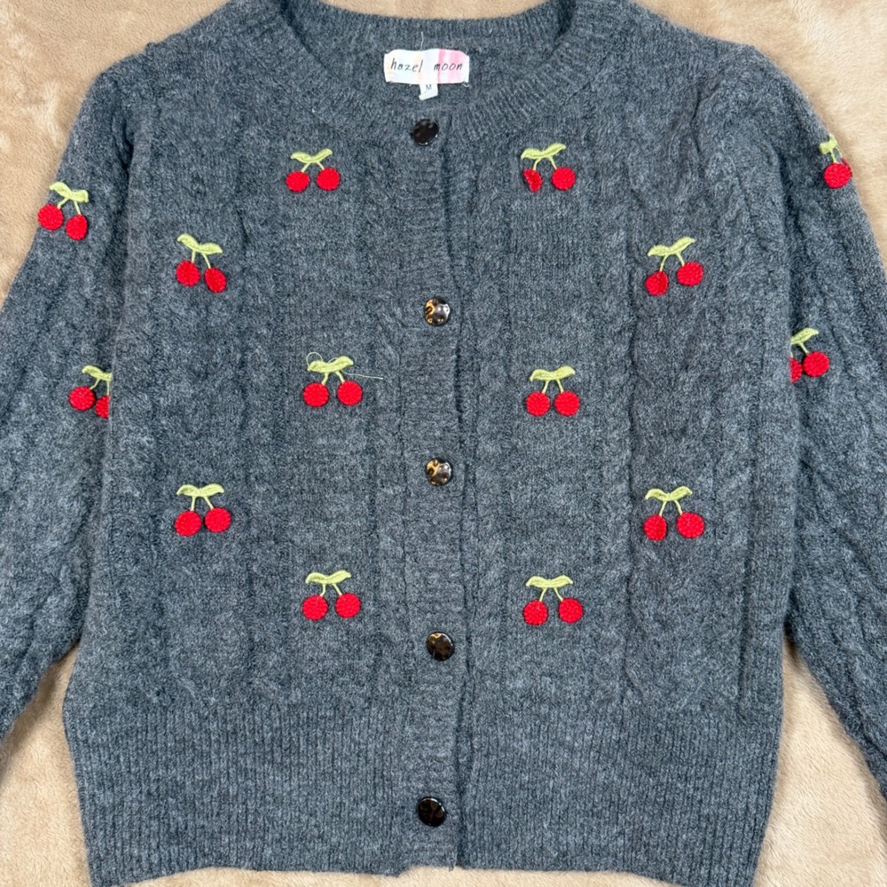 Hazel Moon Gray Cable Knit Cherry Embroidered Button Up Cardigan Sweater Medium